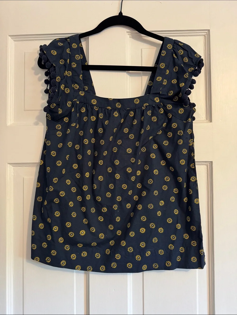 J. Crew Navy Blue Tank Top with Yellow Floral Pom-Pom Trim